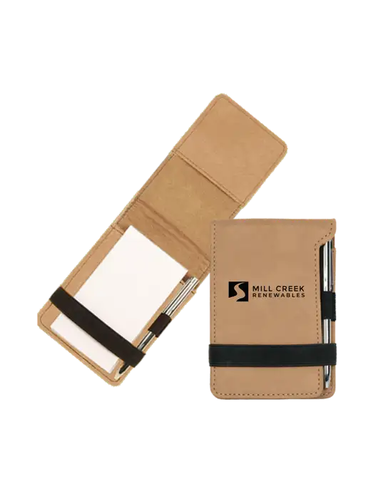 Tan Leatherette Mini Notepad with Pen,  3.25 x 4.75 w/Mill Creek Renewables Logo
