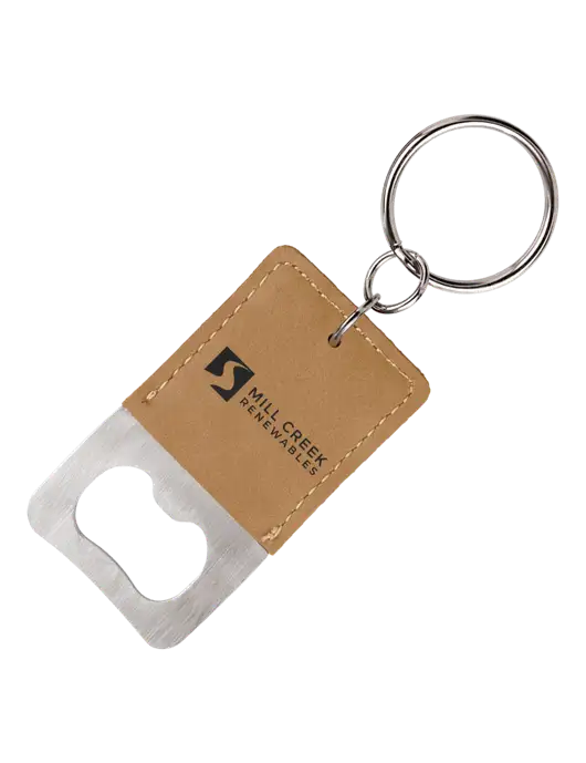 Tan Leatherette Rectangle Bottle Opener Keychain w/Mill Creek Renewables Logo