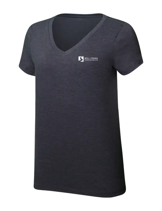 Womens Simply Soft V-Neck Heather Charcoal 4.5oz  Poly/Combed Ring Spun Cotton T-Shirt w/Mill Creek Renewables Logo