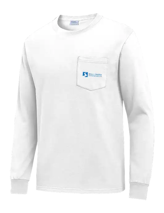 White Long Sleeve Heavyweight 6.1 oz Pocket T-Shirt w/Mill Creek Renewables Logo