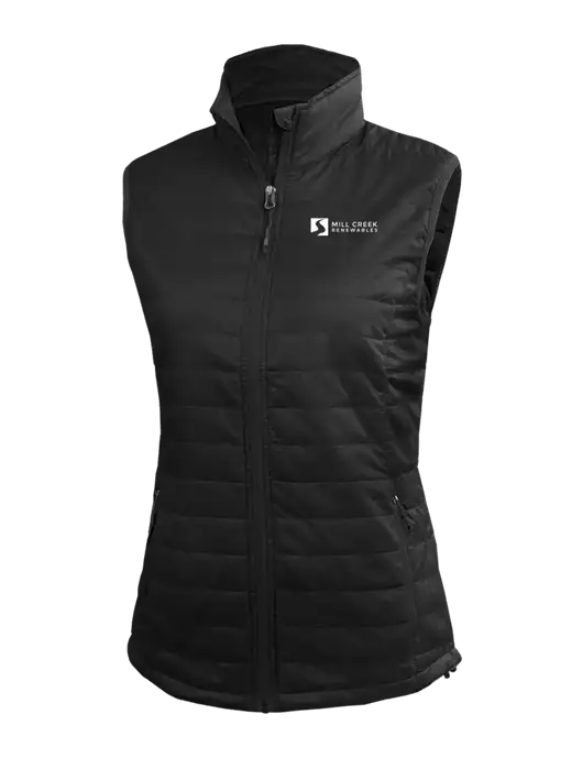 Womens Packable Black Puffy Vest w/Mill Creek Renewables Logo