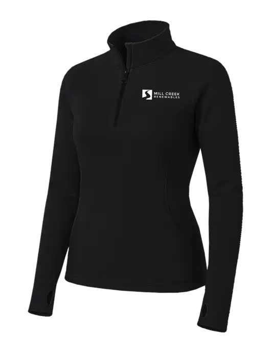 Womens Black Sport Wick Stretch 1/4 Zip Pullover w/Mill Creek Renewables Logo