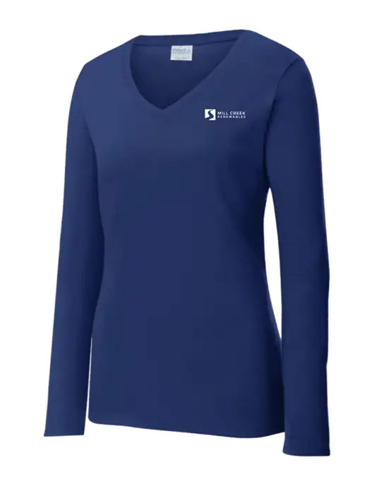 Womens  V-Neck Ring Spun Navy 4.5 oz Long Sleeve T-Shirt w/Mill Creek Renewables Logo