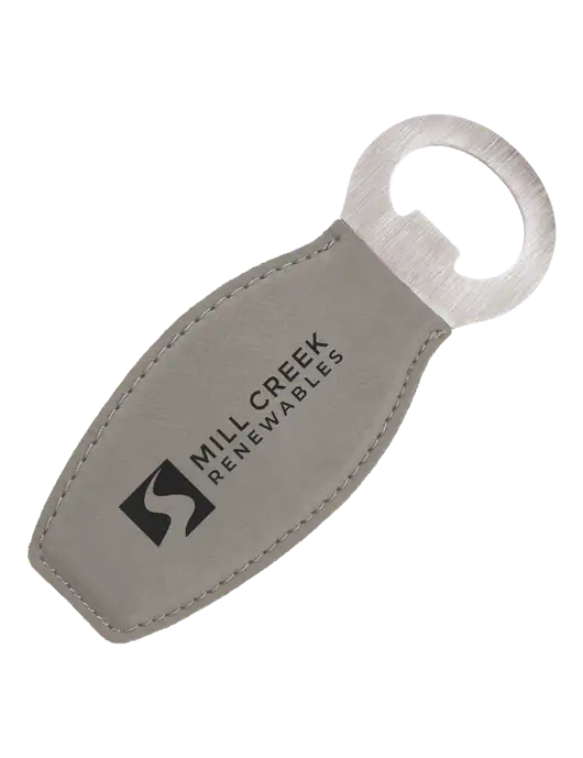Grey Leatherette Bottle Opener with Magnet w/Mill Creek Renewables Logo