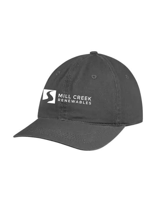 Garment Washed Unstructured Twill Charcoal Cap w/Mill Creek Renewables Logo