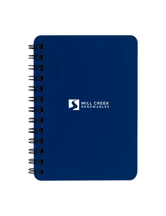 Sturdy Navy Blue Hardcover Notebook, 5.25 x 7 w/Mill Creek Renewables Logo