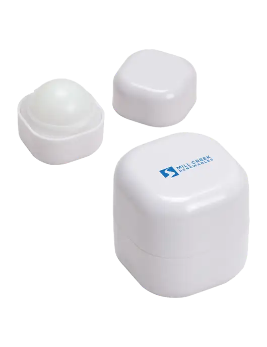 White Chap Cube Vanilla Lip Balm w/Mill Creek Renewables Logo
