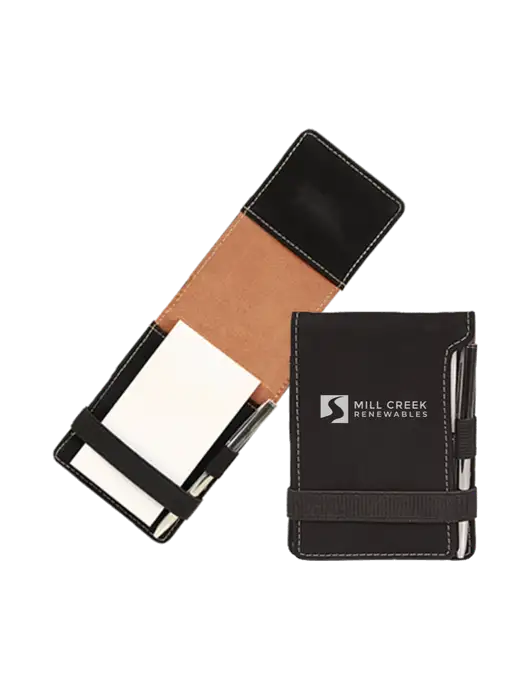 Black Leatherette Mini Notepad with Pen,  3.25 x 4.75 w/Mill Creek Renewables Logo