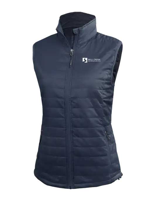 Womens Packable Navy Puffy Vest w/Mill Creek Renewables Logo
