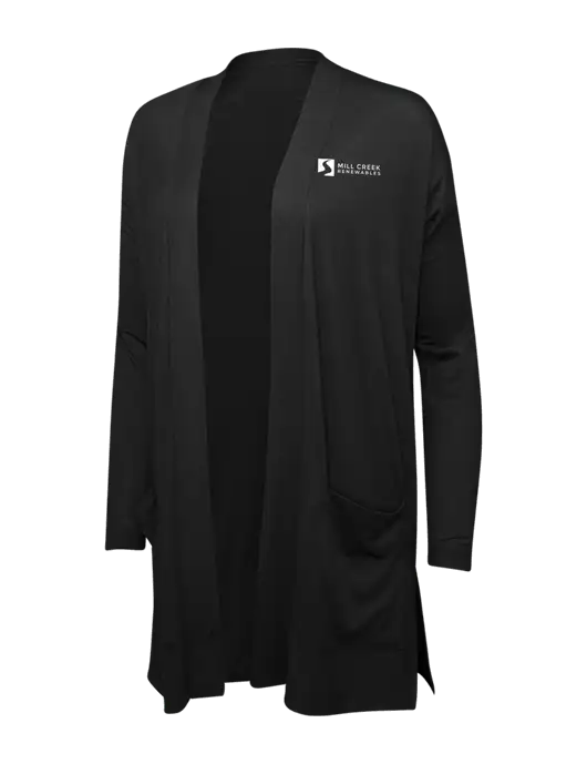 Black Womens Concept Long Pocket Cardigan w/Mill Creek Renewables Logo
