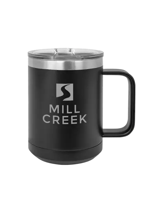 Polar Camel 15 oz Powder Coated Black Vacuum Insulated Mug with Slider Lid w/Mill Creek Renewables Logo