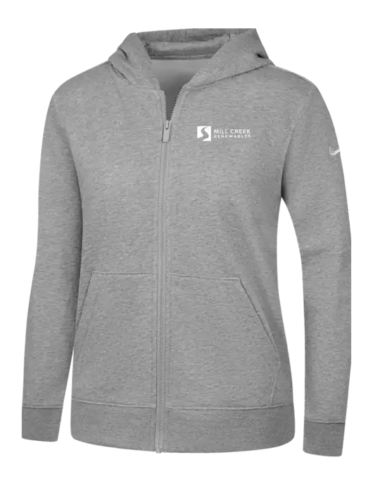 Nike Womens Club Fleece Sleeve Swoosh Full-Zip Dark Grey Heather Hoodie w/Mill Creek Renewables Logo