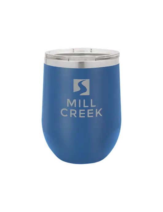 Polar Camel 12 oz Powder Coated Royal Vacuum Insulated Stemless Wine Tumbler w/Mill Creek Renewables Logo