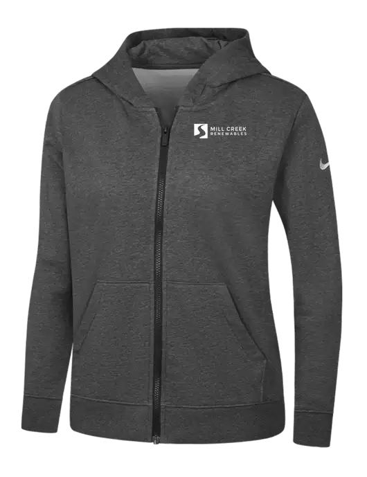 Nike Womens Club Fleece Sleeve Swoosh Full-Zip Charcoal Heather Hoodie w/Mill Creek Renewables Logo