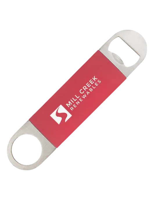 Red Bottle Opener with Silicone Grip w/Mill Creek Renewables Logo