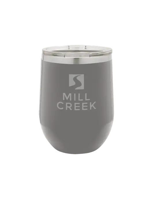 Polar Camel 12 oz Powder Coated Grey Vacuum Insulated Stemless Wine Tumbler w/Mill Creek Renewables Logo