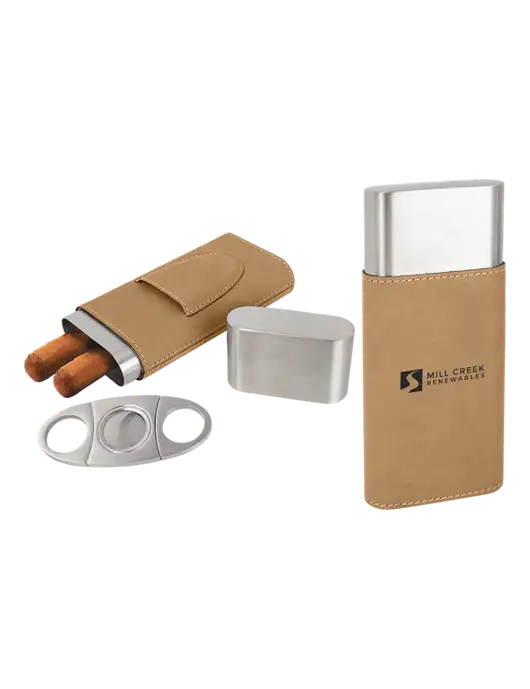 Tan Leatherette Cigar Case with Cutter w/Mill Creek Renewables Logo
