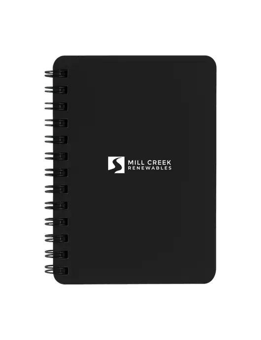 Sturdy Black Hardcover Notebook, 5.25 x 7 w/Mill Creek Renewables Logo