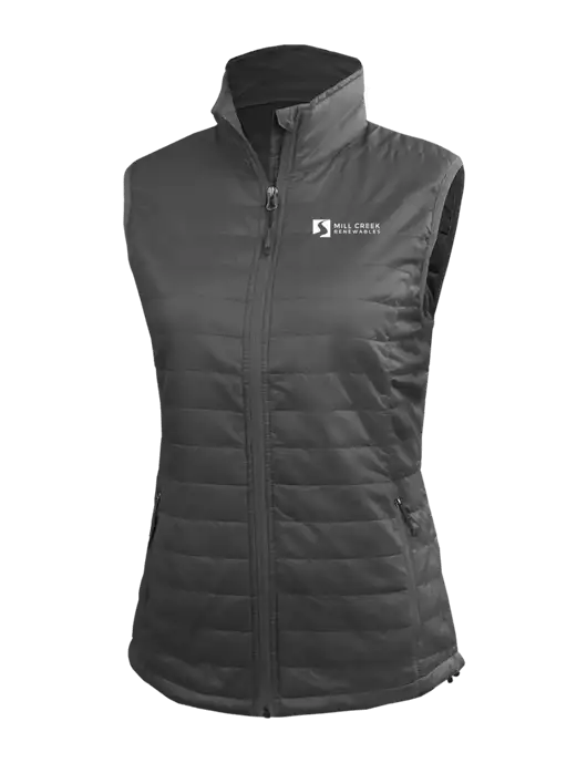 Womens Packable Dark Grey Puffy Vest w/Mill Creek Renewables Logo