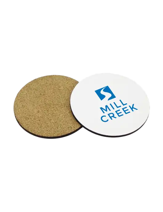 Gloss White Hardboard Round Coaster w/Cork Back, 3.75 w/Mill Creek Renewables Logo