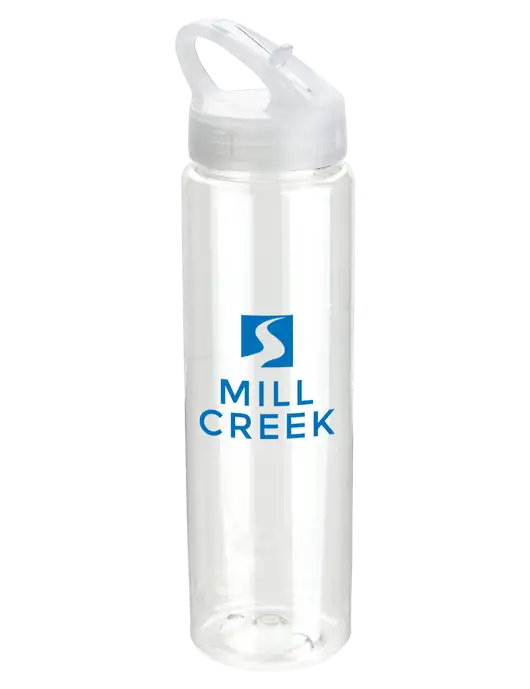 Buddy Clear 32 oz PET Bottle with Flip Lid w/Mill Creek Renewables Logo