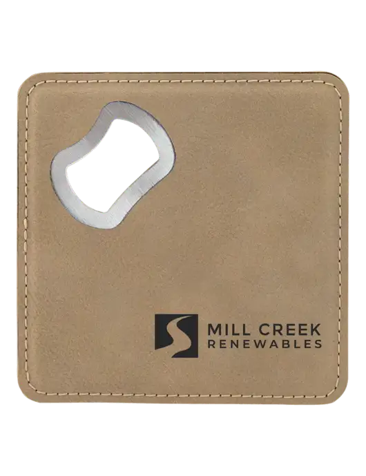 Tan Leatherette Bottle Opener Coaster w/Mill Creek Renewables Logo