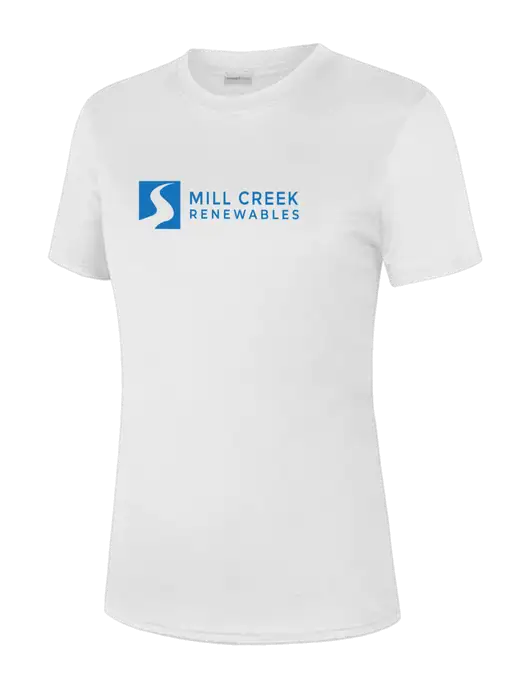  Womens White PosiCharge Competitor Tee w/Mill Creek Renewables Logo