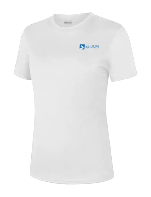  Womens White PosiCharge Competitor Tee w/Mill Creek Renewables Logo