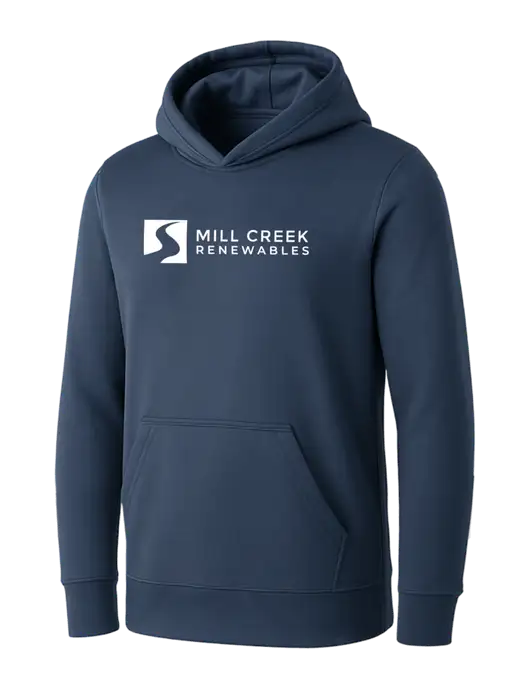 Womens Navy Core Fleece Pullover Hooded Sweatshirt w/Mill Creek Renewables Logo