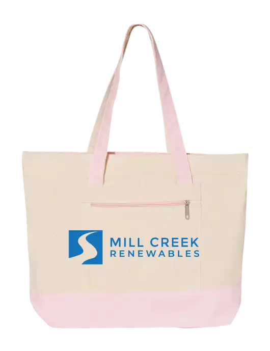 Natural/Light Pink Zippered Tote  w/Mill Creek Renewables Logo