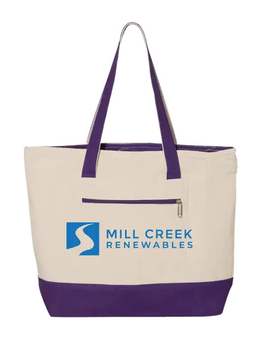 Natural/Purple Zippered Tote  w/Mill Creek Renewables Logo