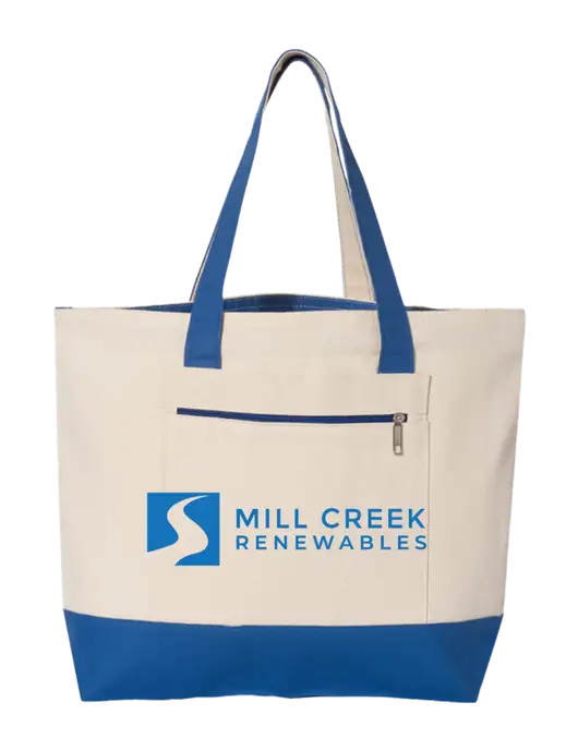 Natural/Royal Zippered Tote  w/Mill Creek Renewables Logo
