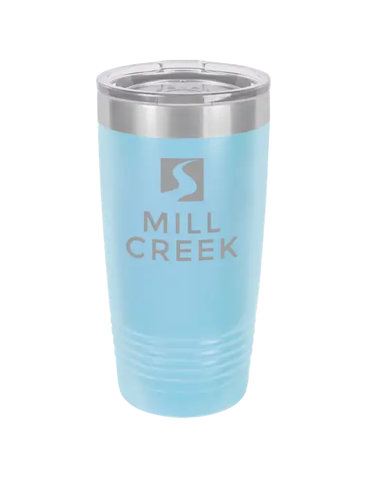 Polar Camel 20 oz Powder Coated Light Blue Vacuum Insulated Tumbler w/Mill Creek Renewables Logo