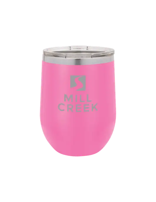 Polar Camel 12 oz Powder Coated Pink Vacuum Insulated Stemless Wine Tumbler w/Mill Creek Renewables Logo