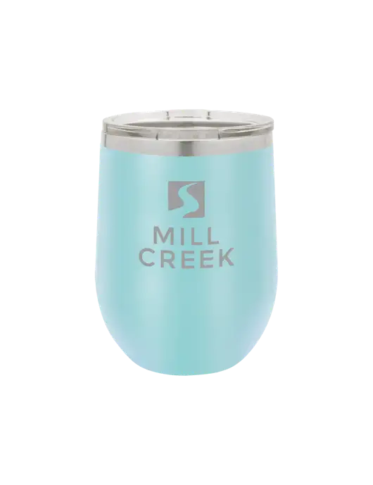 Polar Camel 12 oz Powder Coated Light Blue Vacuum Insulated Stemless Wine Tumbler w/Mill Creek Renewables Logo