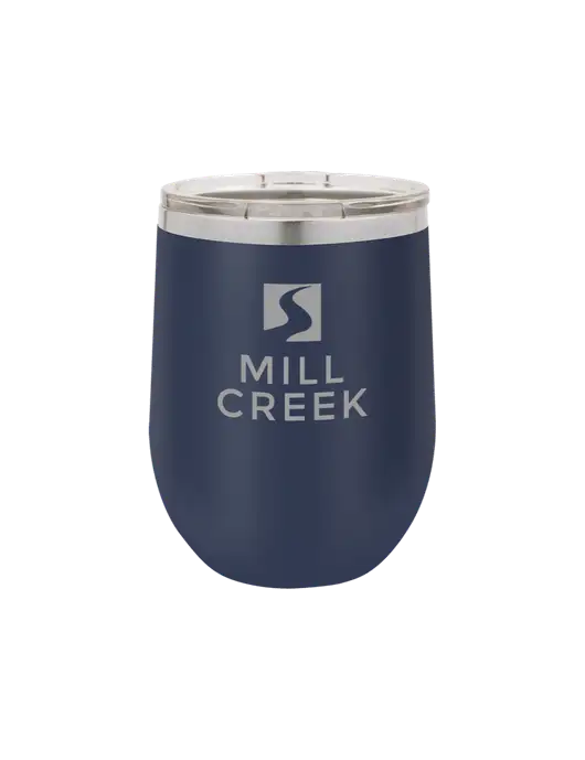 Polar Camel 12 oz Powder Coated Navy Vacuum Insulated Stemless Wine Tumbler w/Mill Creek Renewables Logo