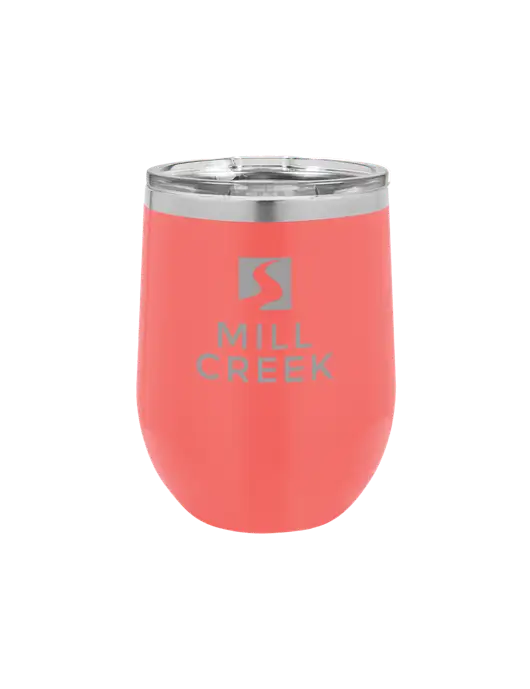 Polar Camel 12 oz Powder Coated Coral Vacuum Insulated Stemless Wine Tumbler w/Mill Creek Renewables Logo