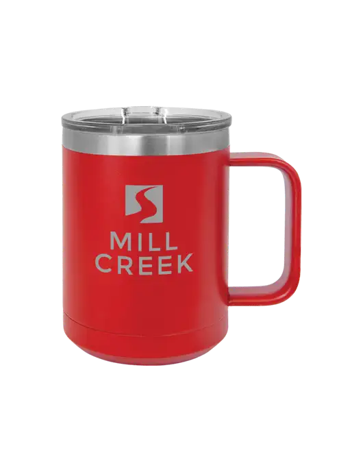 Polar Camel 15 oz Powder Coated Red Vacuum Insulated Mug with Slider Lid w/Mill Creek Renewables Logo