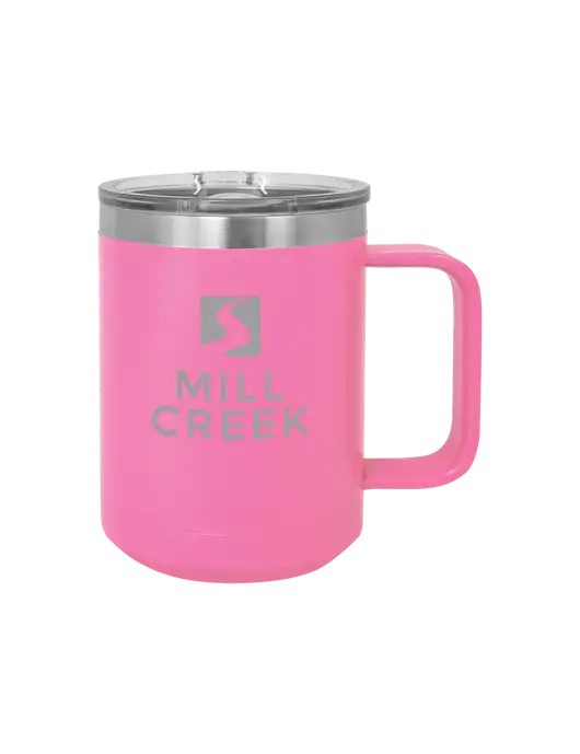 Polar Camel 15 oz Powder Coated Pink Vacuum Insulated Mug with Slider Lid w/Mill Creek Renewables Logo