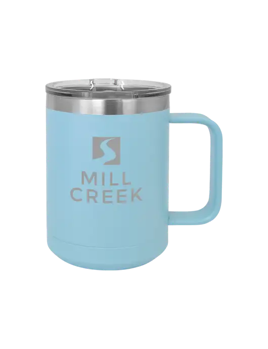Polar Camel 15 oz Powder Coated Light Blue Vacuum Insulated Mug with Slider Lid w/Mill Creek Renewables Logo