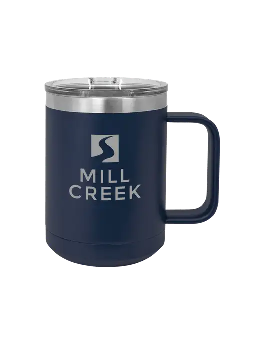 Polar Camel 15 oz Powder Coated Navy Vacuum Insulated Mug with Slider Lid w/Mill Creek Renewables Logo
