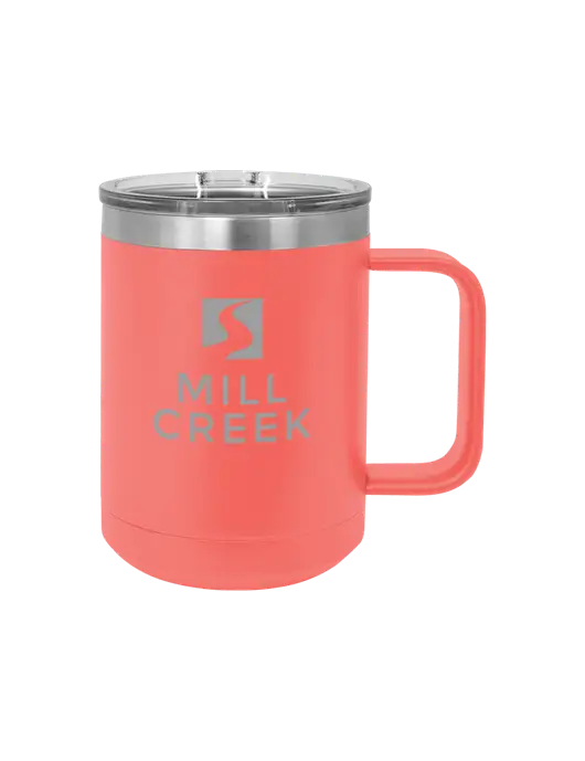 Polar Camel 15 oz Powder Coated Coral Vacuum Insulated Mug with Slider Lid w/Mill Creek Renewables Logo