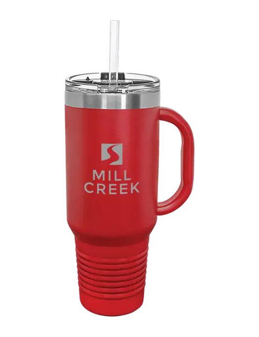 Polar Camel 40 oz. Powder Coated Vacuum Insulated Red Travel Mug with Straw w/Mill Creek Renewables Logo