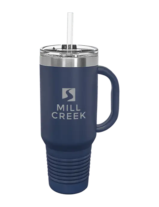Polar Camel 40 oz. Powder Coated Vacuum Insulated Navy Travel Mug with Straw w/Mill Creek Renewables Logo
