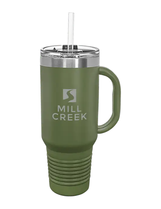 Polar Camel 40 oz. Powder Coated Vacuum Insulated Olive Travel Mug with Straw w/Mill Creek Renewables Logo