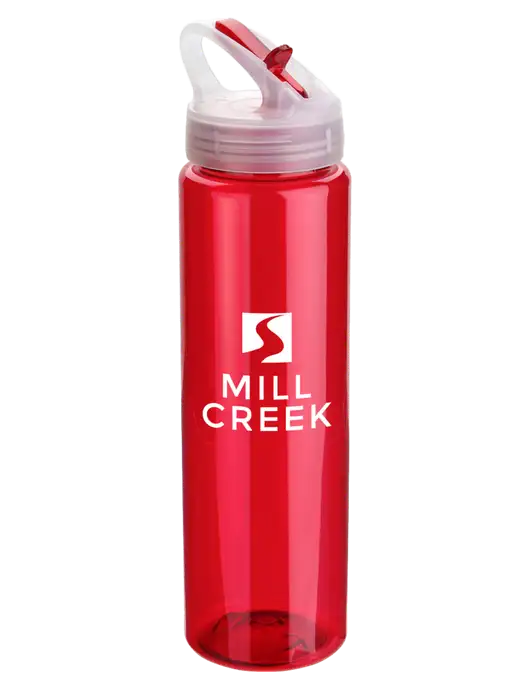 Buddy Red 32 oz PET Bottle with Flip Lid w/Mill Creek Renewables Logo