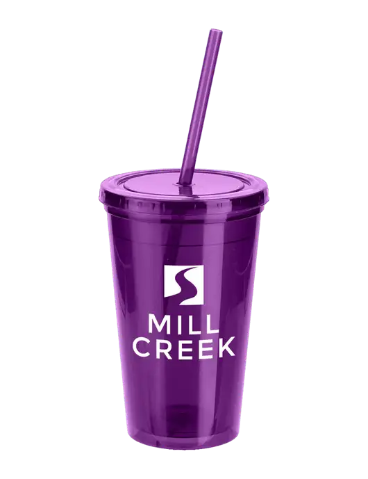 Sorrento Purple 16 oz Tumbler with Lid & Straw w/Mill Creek Renewables Logo