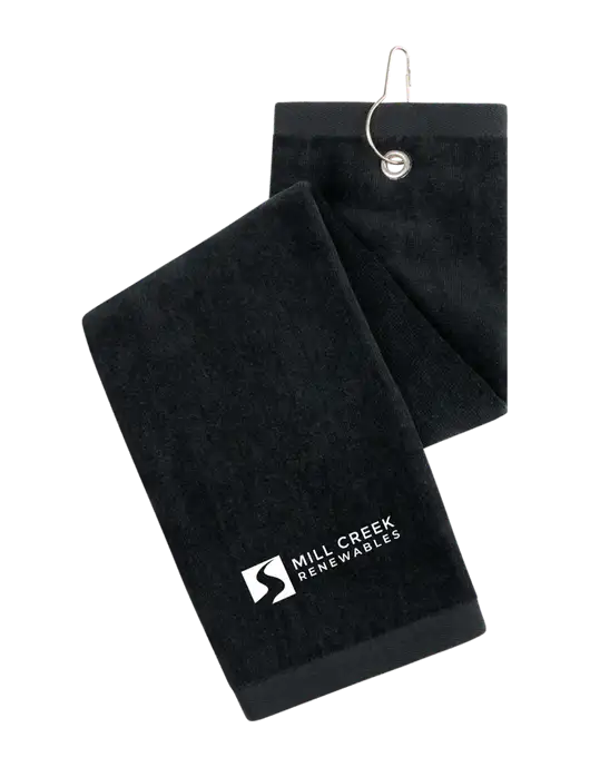 Black Tri-Fold Golf Towel with Grommet w/Mill Creek Renewables Logo